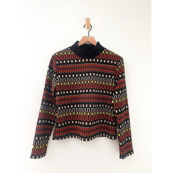 Zara Jacquard Geo Stripe Mock Neck Top Large Black Orange Retro 70s Long Sleeve - Picture 4 of 11